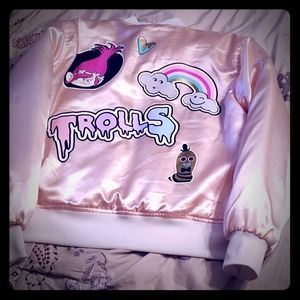 Baby Pink Satin DreamWorks Trolls Bomber Jacket